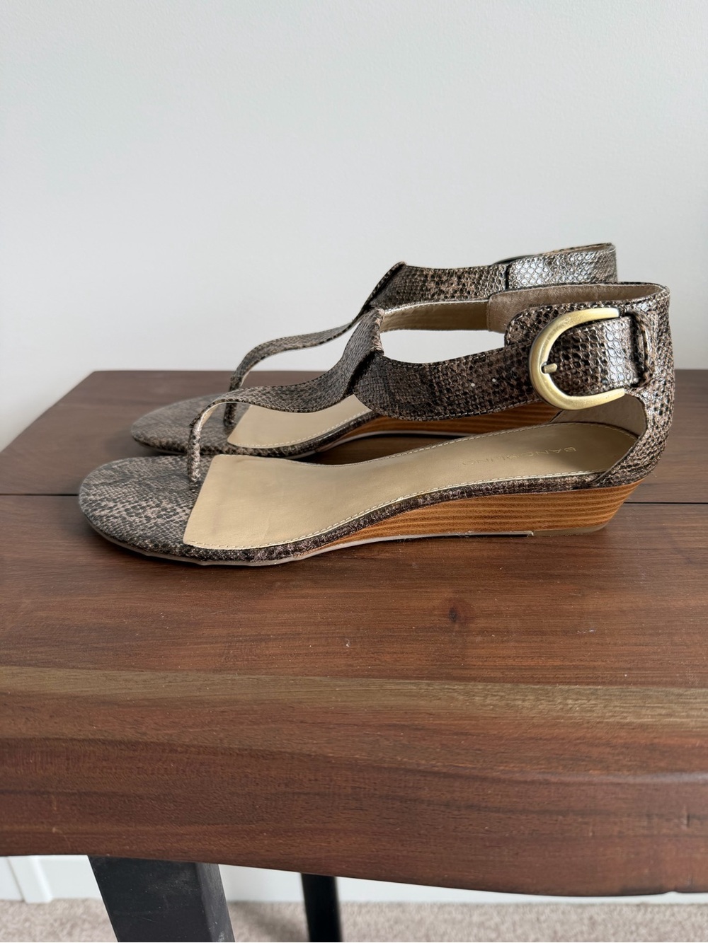 NWOT women’s Wedge Thong Sandals in Brown Snake Print